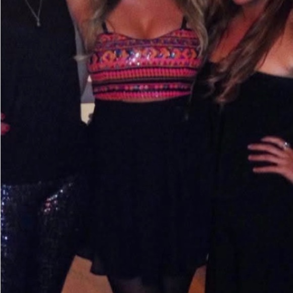 Medium Forever 21 Black Chiffon Mini Dress Sequin Top Keyhole Cutout - Picture 2 of 11